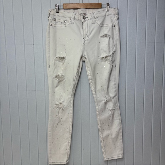True Religion Curvy Skinny White Distressed Crystal Jeans Size 34 - Picture 1 of 14